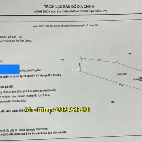 CẦN BÁN ĐẤT DĨ AN – Chính chủ cần bán lô đất nền Dĩ an Bình dương – 168m2 - thổ cư 160m2 -Cách Chợ Dĩ An 500 m, gần trung tâm vị trí đắt địa.