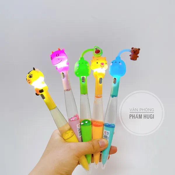 Bút gel đầu thú có đèn phát sáng (mực Xanh) thân kim tuyến dễ thương