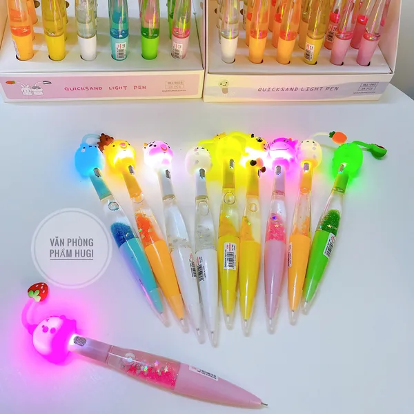 Bút gel đầu thú có đèn phát sáng (mực Xanh) thân kim tuyến dễ thương