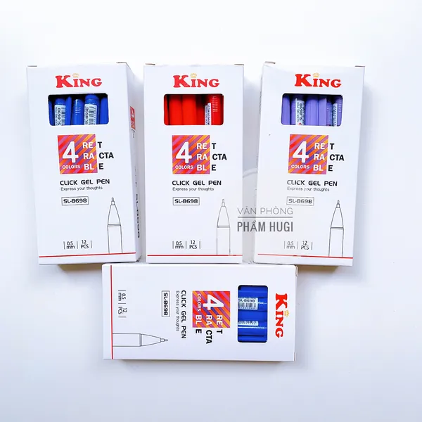 Hộp 12 cây bút gel đầu bấm King SL-8698 mực đậm và đều (mực Xanh/Tím/Đỏ)