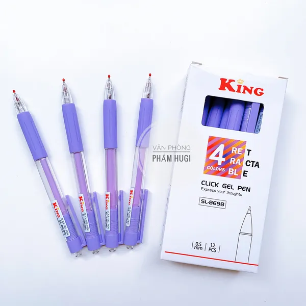 Hộp 12 cây bút gel đầu bấm King SL-8698 mực đậm và đều (mực Xanh/Tím/Đỏ)