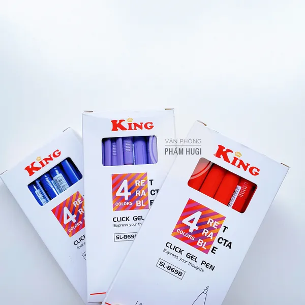 Hộp 12 cây bút gel đầu bấm King SL-8698 mực đậm và đều (mực Xanh/Tím/Đỏ)