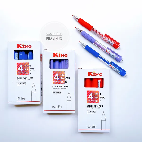 Hộp 12 cây bút gel đầu bấm King SL-8698 mực đậm và đều (mực Xanh/Tím/Đỏ)