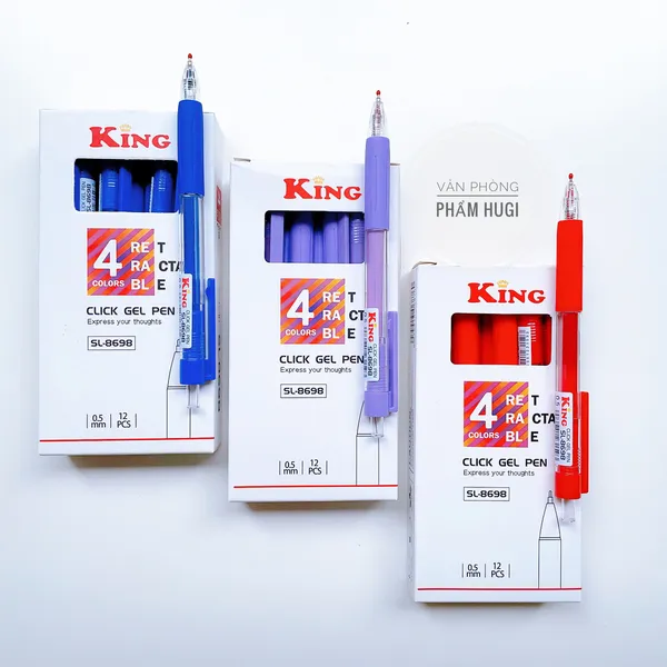Hộp 12 cây bút gel đầu bấm King SL-8698 mực đậm và đều (mực Xanh/Tím/Đỏ)