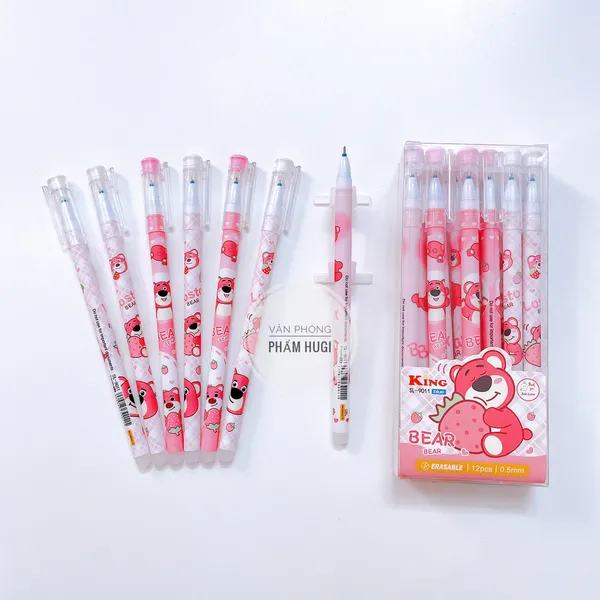 Hộp 12 Cây Bút Gel Tẩy Xóa được họa tiết Gấu Dâu dễ thương (mực xanh/tím) mực đậm và đều