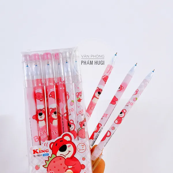Hộp 12 Cây Bút Gel Tẩy Xóa được họa tiết Gấu Dâu dễ thương (mực xanh/tím) mực đậm và đều
