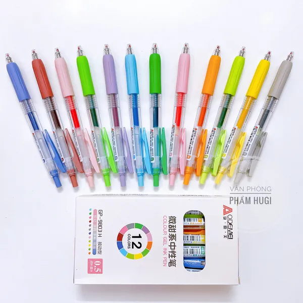 Hộp 12 Cây Bút Gel Bấm 12 Màu khác nhau Aodemei GP-9803H (Loại tốt) mực đều đậm và đẹp