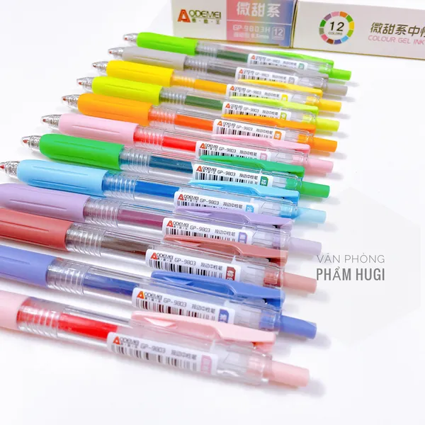 Hộp 12 Cây Bút Gel Bấm 12 Màu khác nhau Aodemei GP-9803H (Loại tốt) mực đều đậm và đẹp