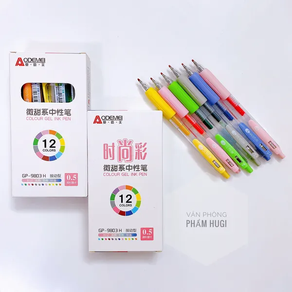 Hộp 12 Cây Bút Gel Bấm 12 Màu khác nhau Aodemei GP-9803H (Loại tốt) mực đều đậm và đẹp