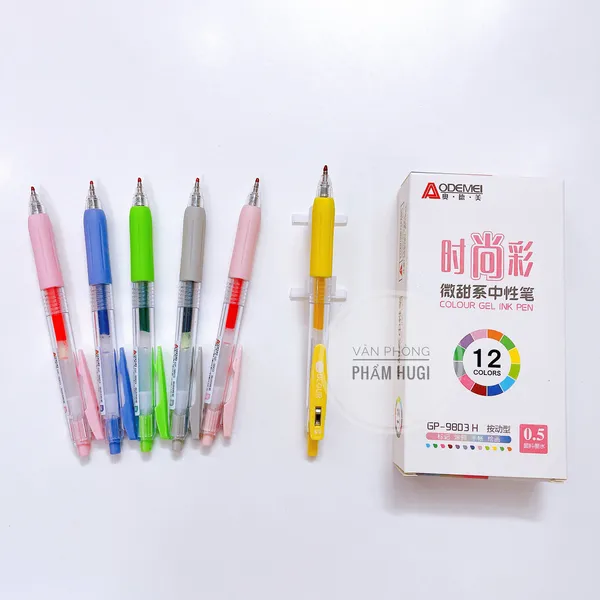Hộp 12 Cây Bút Gel Bấm 12 Màu khác nhau Aodemei GP-9803H (Loại tốt) mực đều đậm và đẹp