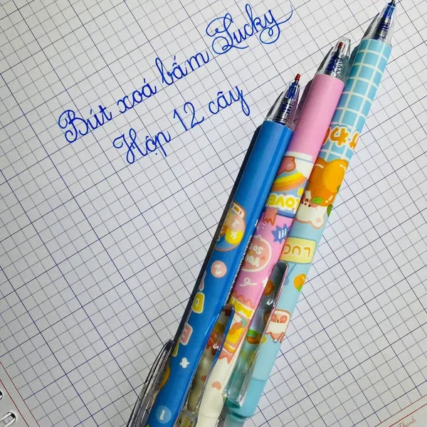 Hộp 12 Cây Bút Gel Bấm Tẩy Xóa được nhiều mẫu dễ thương (mực xanh/tím)