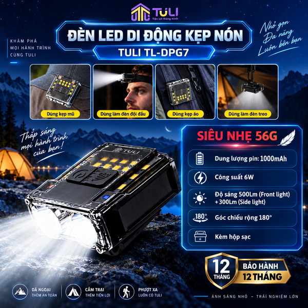 Đèn kẹp mũ - Đèn đội đầu TULI TL-DPG7, 6W,1000mAh, Đa chế độ, Có cảm biến, Điều chỉnh 180 độ,BH 12 Tháng