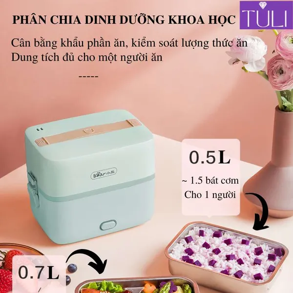 Hộp cơm điện cầm tay mini đa năng giữ nhiệt 2 tầng Bear DFH-B12E1