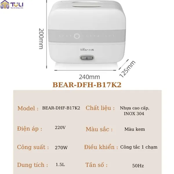 Hộp cơm điện cầm tay mini đa năng giữ nhiệt 2 tầng Bear DFH-B17K2