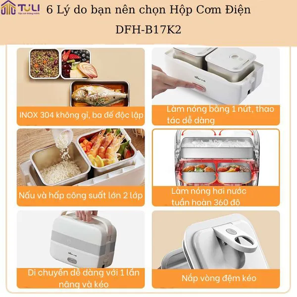 Hộp cơm điện cầm tay mini đa năng giữ nhiệt 2 tầng Bear DFH-B17K2