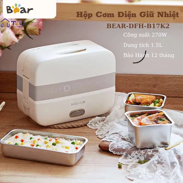 Hộp cơm điện cầm tay mini đa năng giữ nhiệt 2 tầng Bear DFH-B17K2