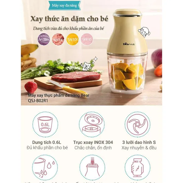 Máy xay thực phẩm ăn dặm đa năng Bear QSJ-B02R1