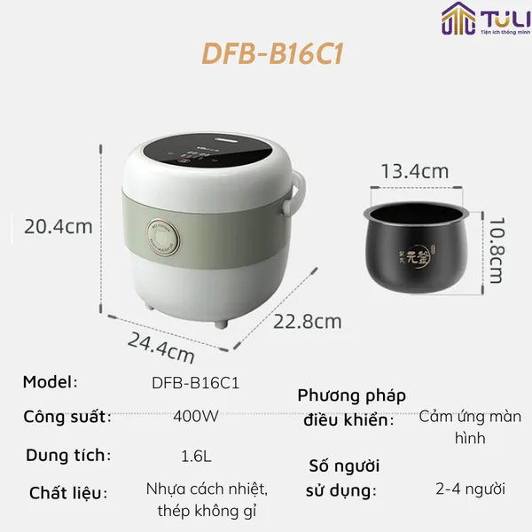 Nồi cơm điện thông minh 1.6L Bear B16C1