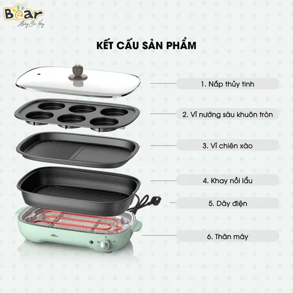 Nồi điện nấu lẩu và nướng 3 khay Bear DHG-C40D5
