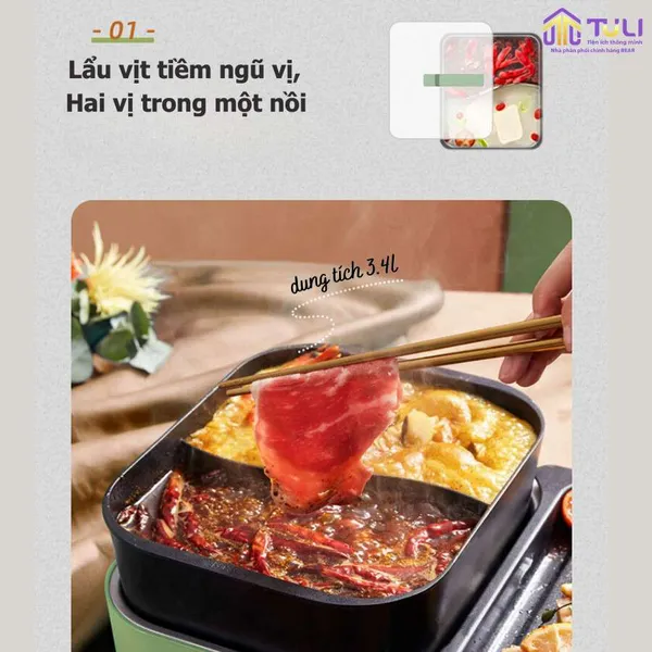 Nồi điện nấu lẩu và nướng 2 ngăn Bear DKL-C16C1