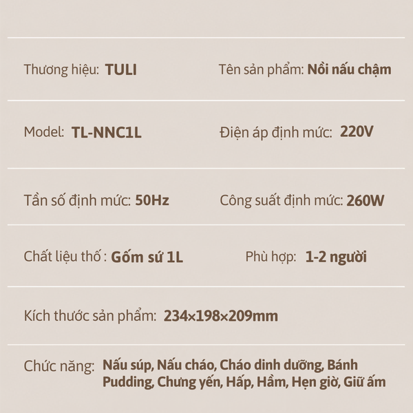 Nồi nấu chậm TULI TL-NNC1L - dung tích 1L