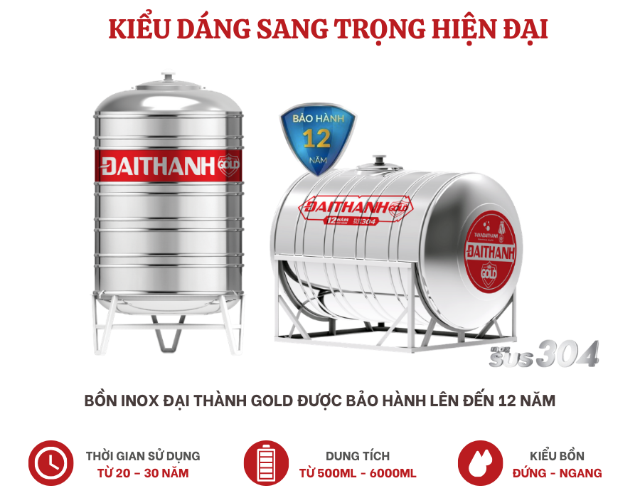 Bồn nước inox Đại Thành Gold 4000L đứng Bồn nước inox Đại Thành Gold 4000L đứng