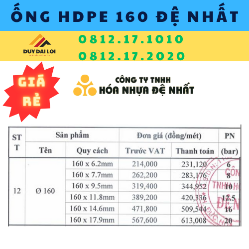 giá ống HDPE 160 Đệ Nhất giá ống HDPE 160 Đệ Nhất