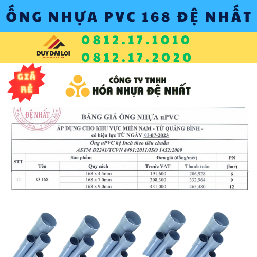 Ống nhựa PVC 168 Đệ Nhất Ống nhựa PVC 168 Đệ Nhất