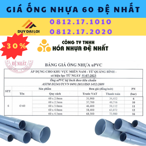 Ống nhựa PVC 60 đệ nhất Ống nhựa PVC 60 đệ nhất