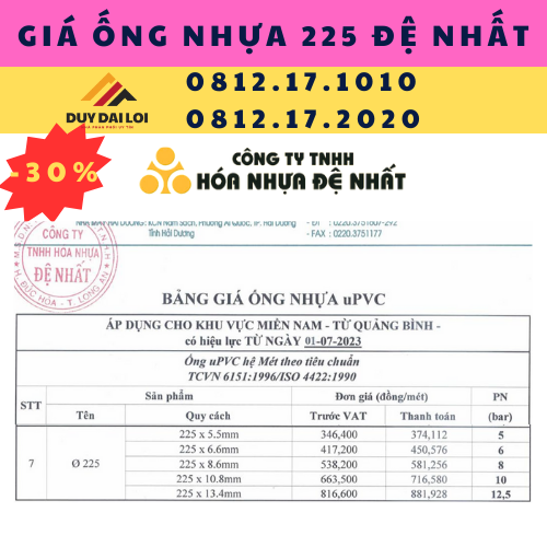 Ống nhựa PVC 225 Đệ Nhất Ống nhựa PVC 225 Đệ Nhất