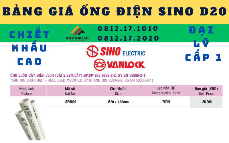Bảng giá ống điện Sino D20 Bảng giá ống điện Sino D20