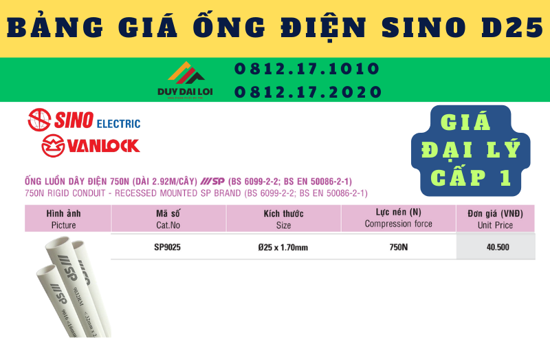 Bảng giá ống điện Sino D25 Bảng giá ống điện Sino D25