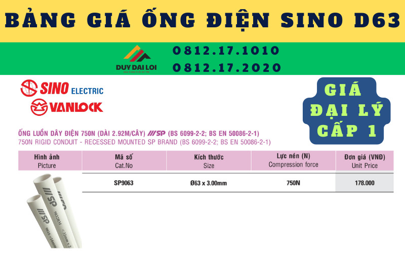 Bảng giá ống điện Sino D63 Bảng giá ống điện Sino D63
