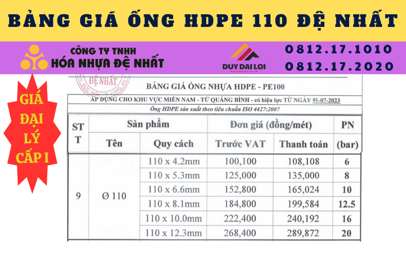 Bảng giá ống hdpe 110 Đệ Nhất Bảng giá ống hdpe 110 Đệ Nhất