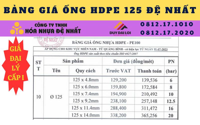 Bảng giá ống HDPE 125 Đệ Nhất Bảng giá ống HDPE 125 Đệ Nhất