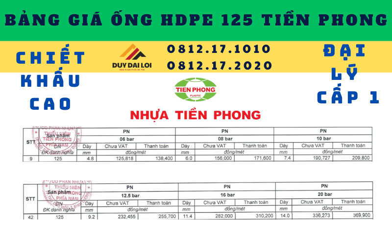 Bảng giá ống HDPE 125 Tiền Phong Bảng giá ống HDPE 125 Tiền Phong