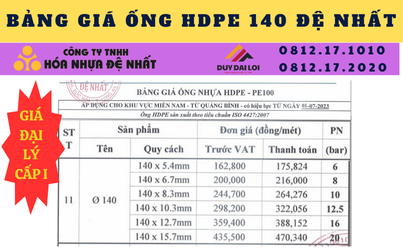 Bảng giá ống HDPE 140 Đệ Nhất Bảng giá ống HDPE 140 Đệ Nhất