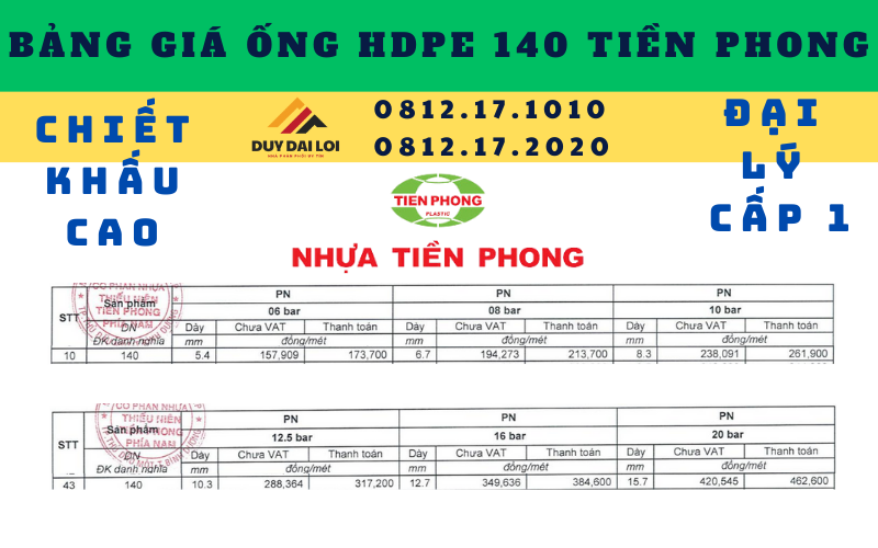 Bảng giá ống HDPE 140 Tiền Phong Bảng giá ống HDPE 140 Tiền Phong