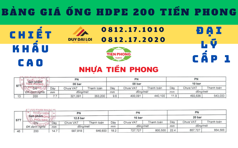 Bảng giá ống HDPE 200 Tiền Phong Bảng giá ống HDPE 200 Tiền Phong