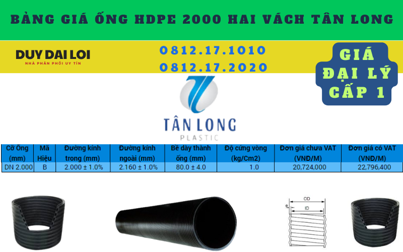 Bảng giá ống HDPE 2000 hai vách Bảng giá ống HDPE 2000 hai vách