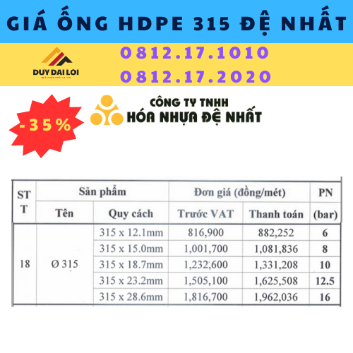 bảng giá ống HDPE D315 Đệ Nhất bảng giá ống HDPE D315 Đệ Nhất