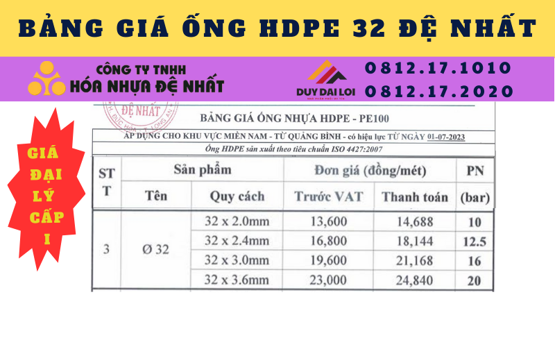Bảng giá ống hdpe 32 Đệ Nhất Bảng giá ống hdpe 32 Đệ Nhất