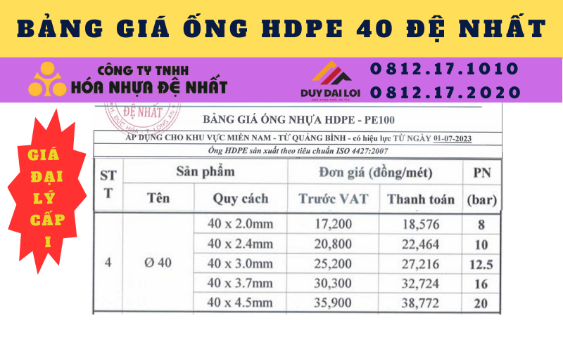 Bảng giá ống hdpe 40 Đệ Nhất Bảng giá ống hdpe 40 Đệ Nhất