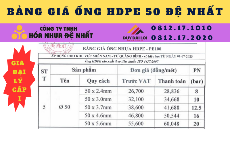Bảng giá ống hdpe 50 Đệ Nhất Bảng giá ống hdpe 50 Đệ Nhất