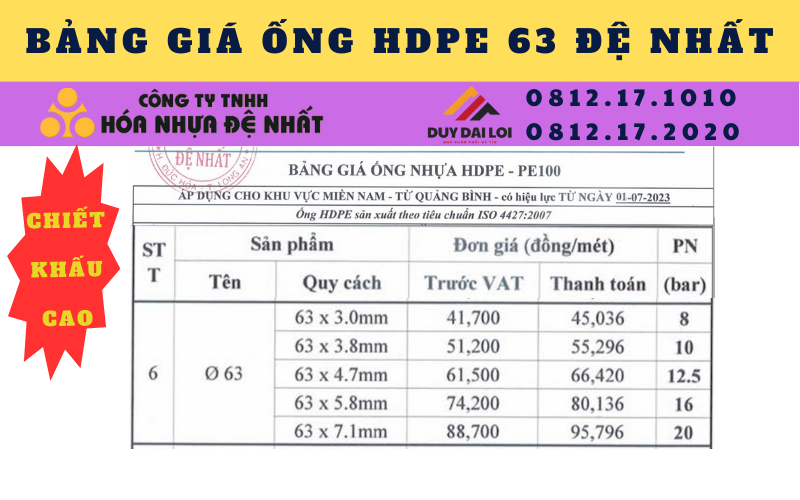 Bảng giá ống hdpe 63 Đệ Nhất Bảng giá ống hdpe 63 Đệ Nhất