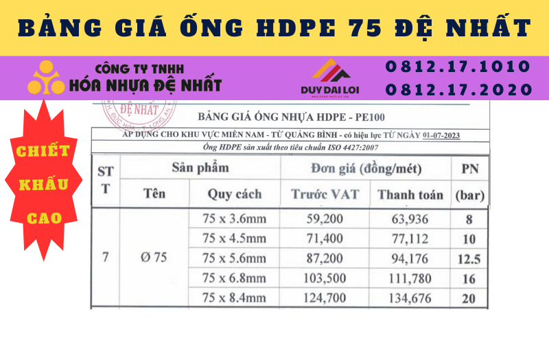 Bảng giá ống hdpe 90 Đệ Nhất Bảng giá ống hdpe 90 Đệ Nhất