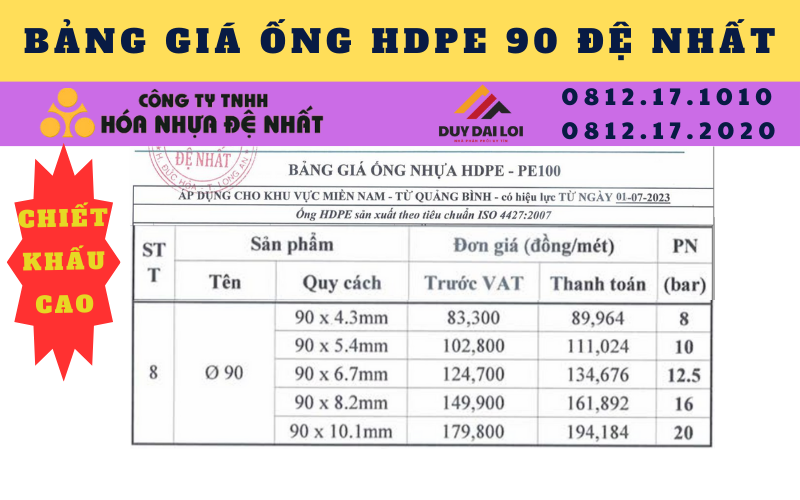 Bảng giá ống hdpe 90 Đệ Nhất Bảng giá ống hdpe 90 Đệ Nhất