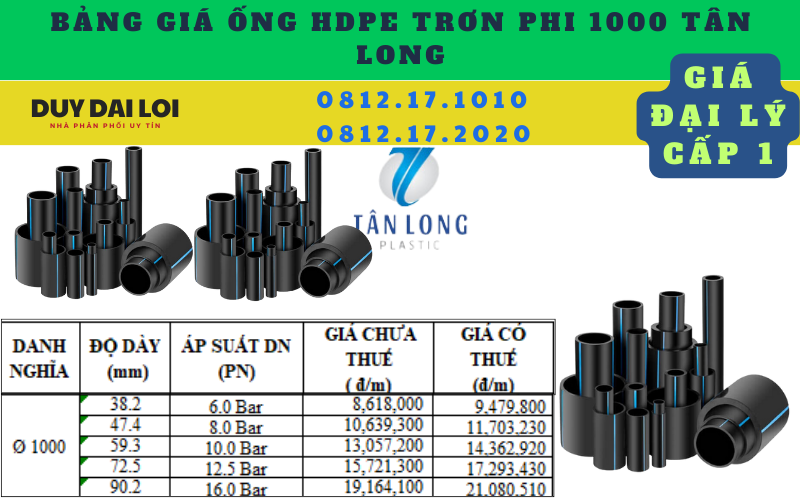 bảng giá ống hdpe trơn phi 1000 tân long bảng giá ống hdpe trơn phi 1000 tân long