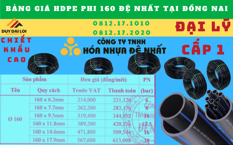 Giá bán ống hdpe 160 đệ nhất tại đồng nai Giá bán ống hdpe 160 đệ nhất tại đồng nai