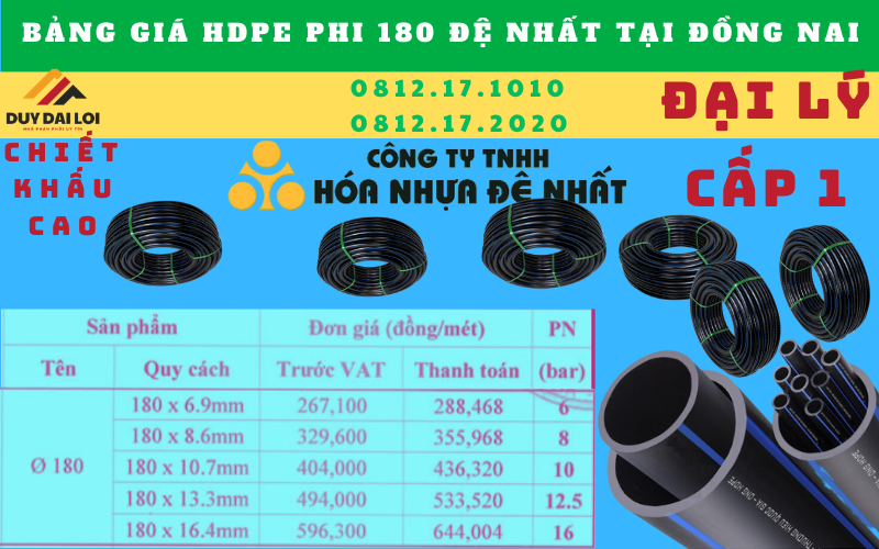 Giá bán ống hdpe 180 đệ nhất tại đồng nai Giá bán ống hdpe 180 đệ nhất tại đồng nai